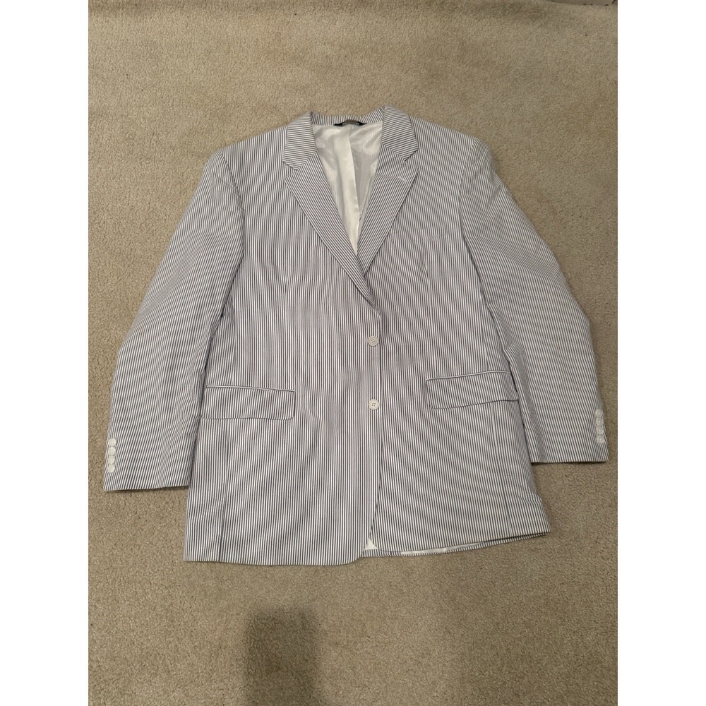Jos A Bank Classic‎ Seersucker Blue White Pinstriped Cotton Suit 2 Pc Men's 46L - Picture 2 of 16